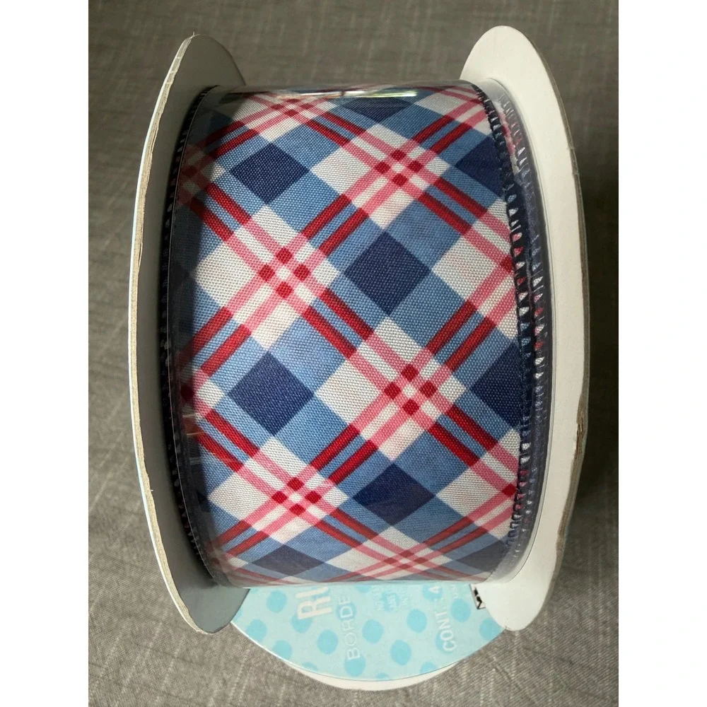2 Rolls Kirkland Signature Plaid Wire Edged Ribbon Red White Blue 50yd 2.5in